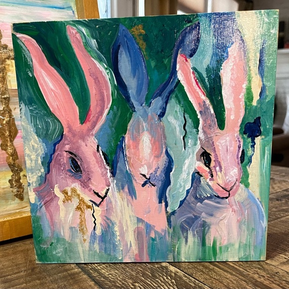 Whimsical Pink and Blue Rabbit Painting